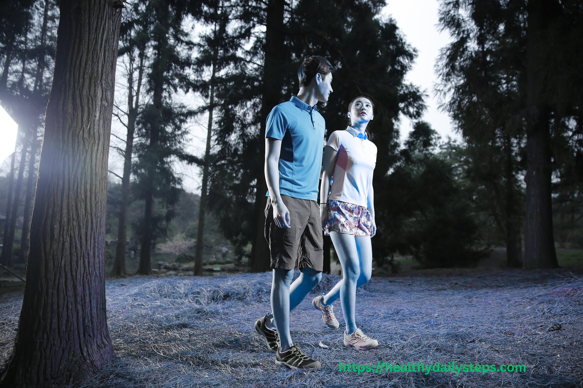 A healthy couple walking in nature as part of a daily walking routine