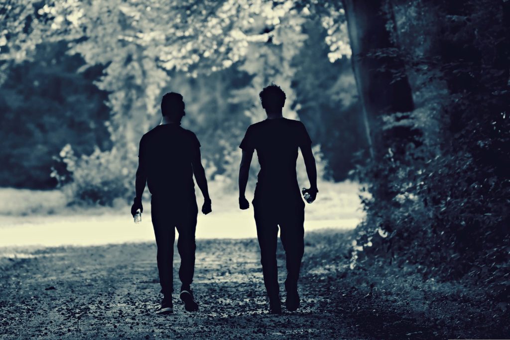 Two men enjoying a healthy morning walk in a park while working toward their daily 7,000 or 10,000 step goal.