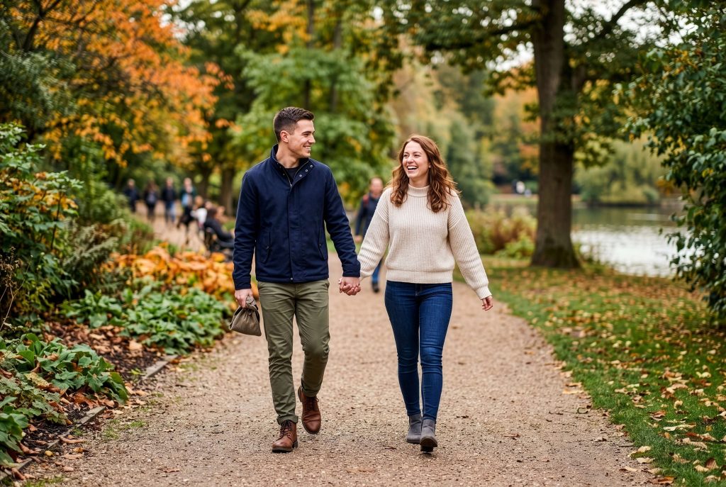 A couple walking in a park counting calories burned in 1 hour of walking