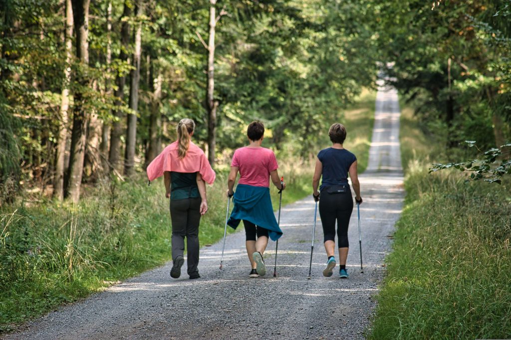 Two women and one man walking together on a beautiful forest path, staying motivated and active for their daily walk.