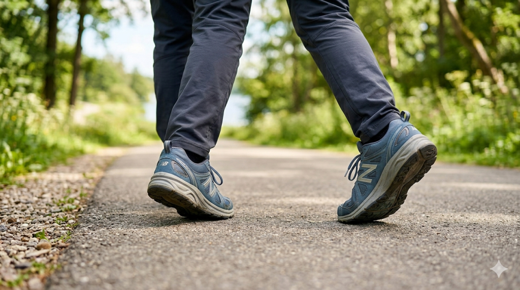 Close up of a senior person's feet in comfortable sports shoes walking on a path.