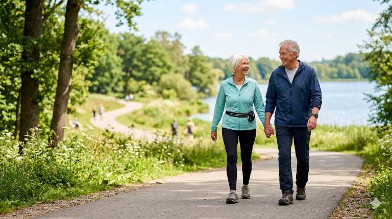 An elderly couple smiling and walking happily in a sunny green park.